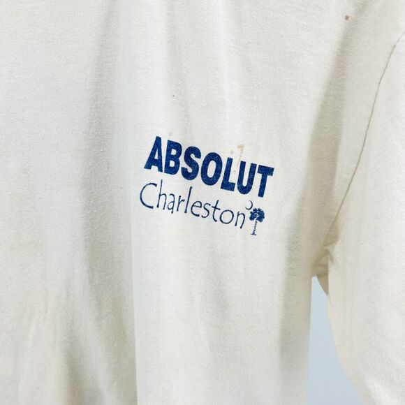 Vintage 90s Absolut Charleston Cream Blue Graphic 100% CottonT-Shirt - Picture 6 of 10